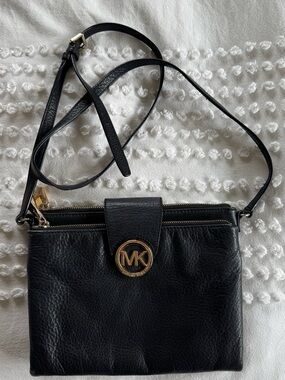 Michael Kors Black Leather Crossbody with Gold MK Accent